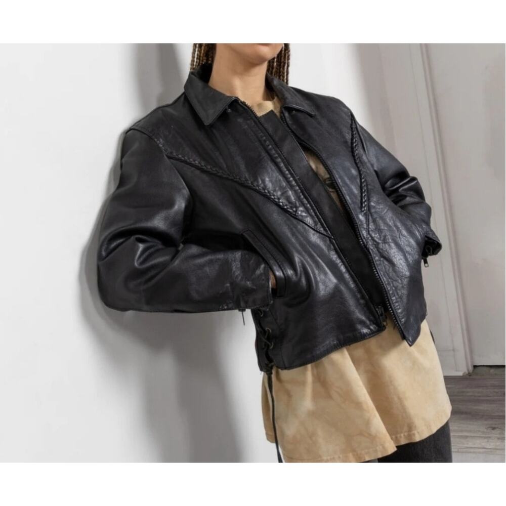Interstate Leather Black Classic Biker Moto Boho Insulated Jacket coat womens M